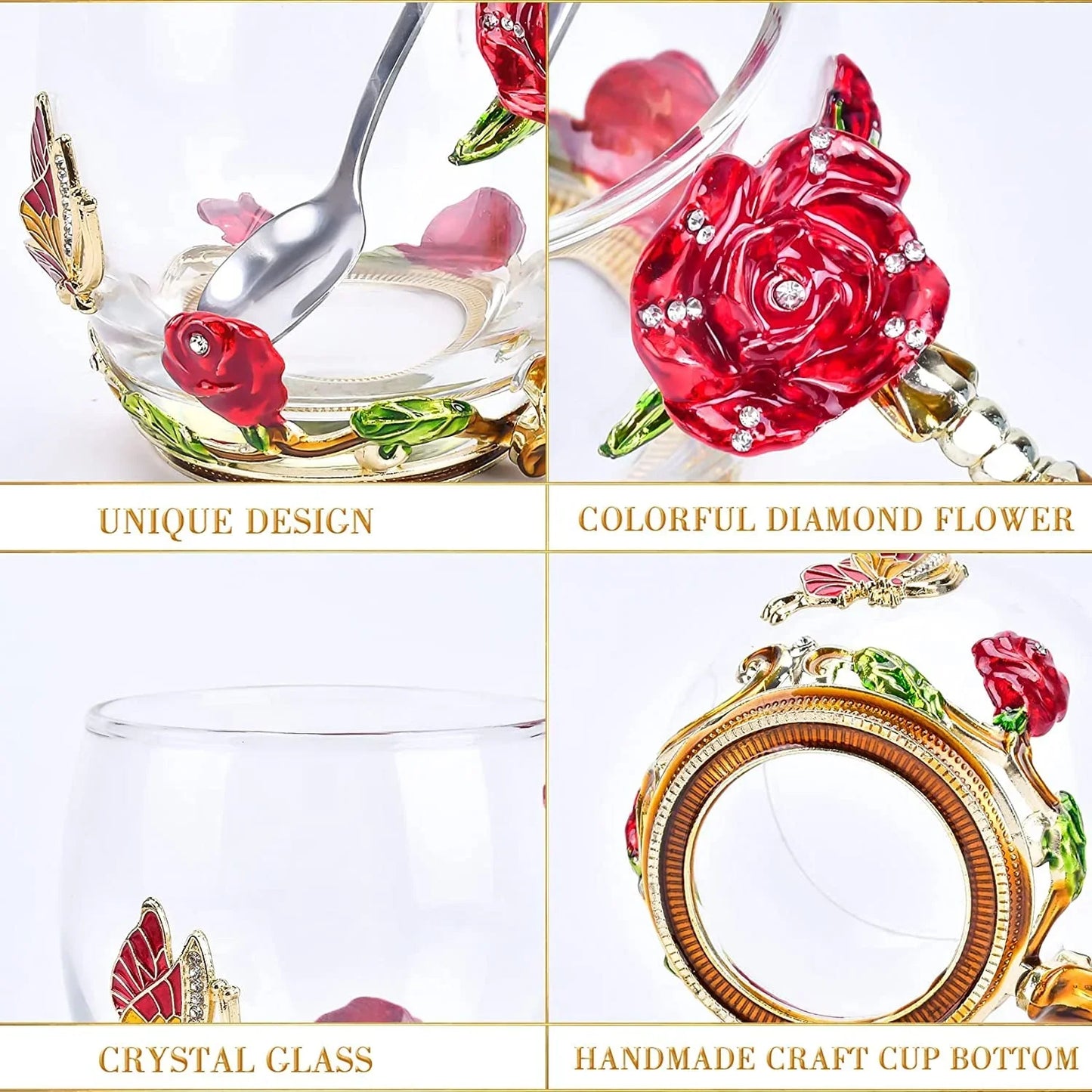 Clear glass coffee cup with handmade craft bottom, red diamond flower decoration, and butterfly detail