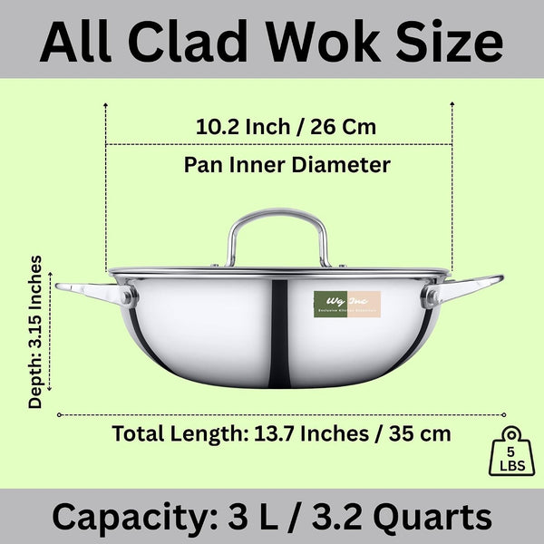 Stainless Steel Wok with Glass Lid, 3 QT - 10.2 Inch / 26 CM Tri-Ply Kadhai, Wide & Deep Cookware Stir-Fry Pans, Dishwasher & Oven Safe, Non-Toxic Cooking Wok Pan, Induction Compatible2
