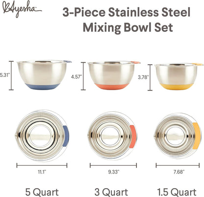 Curry Kitchenware Pantryware Stainless Steel Nesting Mixing Bowls, 3-Piece Set, Silver with Color Accent Handles2