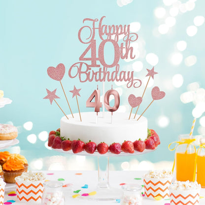 40Th Birthday Cake Decorations, 40Th Birthday Candles Cake Numeral Candles and Glitter Happy 40Th Birthday Cake Toppers Set for Birthday Party Supplies (Rose Gold)3