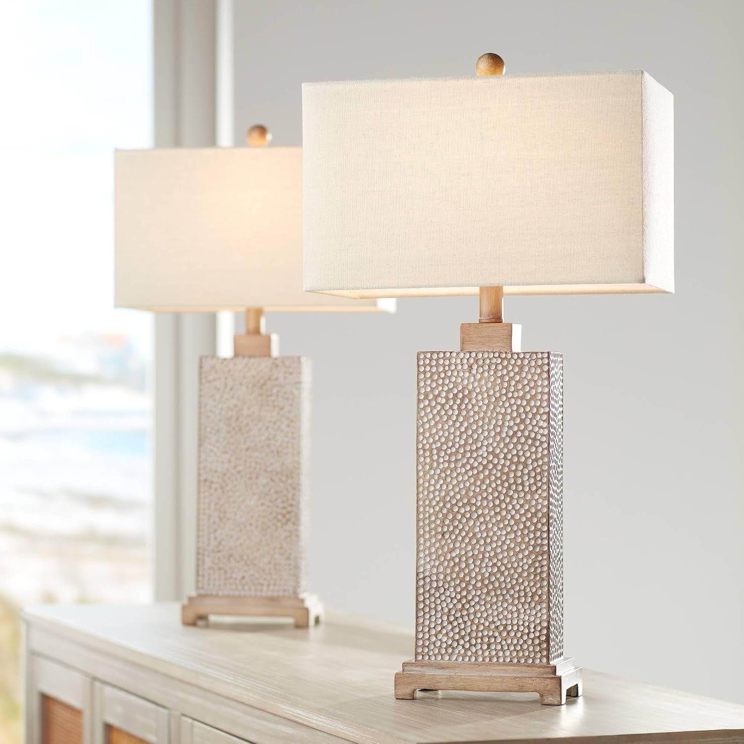 caldwell-26-3-4-tall-table-lamps-set-of-2-hammered-base-farmhouse-rustic-faux-wood-earth-bedroom-living-room-house-home-bedside-nightstand-office-family-oatmeal-rectangular-shade