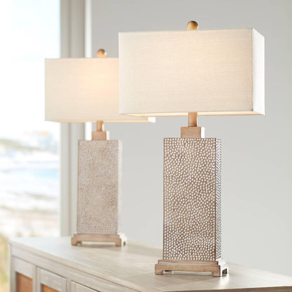 Caldwell 26 3/4" Tall Table Lamps Set of 2 Hammered Base Farmhouse Rustic | Faux Wood Earth Bedroom Living Room House Home Bedside Nightstand Office Family Oatmeal Rectangular Shade9