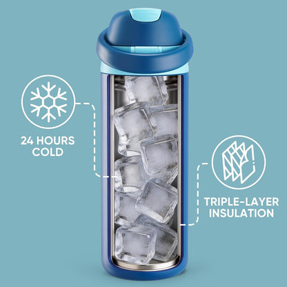18 Oz Insulated Water Bottle, Stainless Steel Water Bottle with 2-In-1 Straw and Push-Button Spout Lid, Keeps 24 Hours Cold, Double Wall Vacuum Leak-Proof & Bpa-Free for Sports, Travel, Blue6
