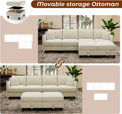 112" Modular Sectional Sofa U Shape Couches with Storage Ottoman and Washable Cushion Cover for Living Room, Bedroom, Apartment(Beige)3