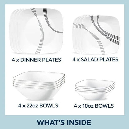 Urban Arc 16Pc, Service for 4, Dinnerware Set, 8 Plates Bowls, Chip & Break Resistant, Dinner and ware White6