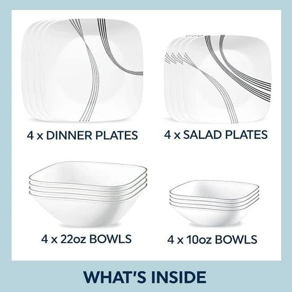 Urban Arc 16Pc, Service for 4, Dinnerware Set, 8 Plates Bowls, Chip & Break Resistant, Dinner and ware White6