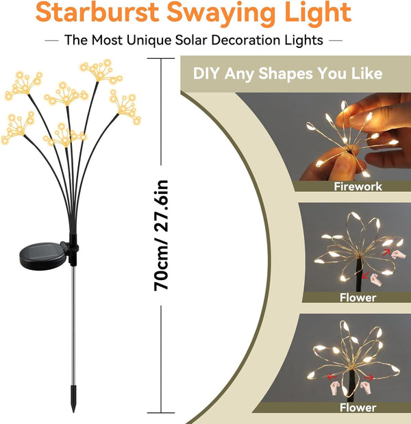 Solar Garden Lights 2 Pack Waterproof Solar Swaying Starburst Light Outdoor Lights for Yard Patio Walkway Pathway Party Wedding Christmas Decoration, Warm White2