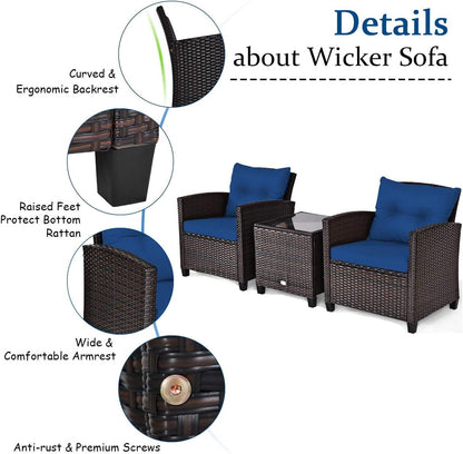 3 Pieces Patio Furniture Set, PE Rattan Wicker 3 Pcs Outdoor Sofa Set W/Washable Cushion and Tempered Glass Tabletop, Conversation Furniture for Garden Poolside Balcony (Blue)5
