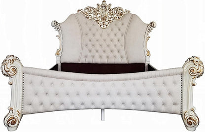 Antoine King Size Bed, Ivory Faux Leather Victorian Carved Pearl White4