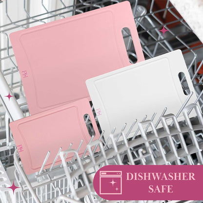 Cutting Boards for Kitchen, Reversible Dual Sided Plastic Cutting Board Set with Juice Grooves, Easy Grip Handle, Heavy Duty and Made without BPA, Dishwasher Safe, 3-Piece, Pink and Cream6