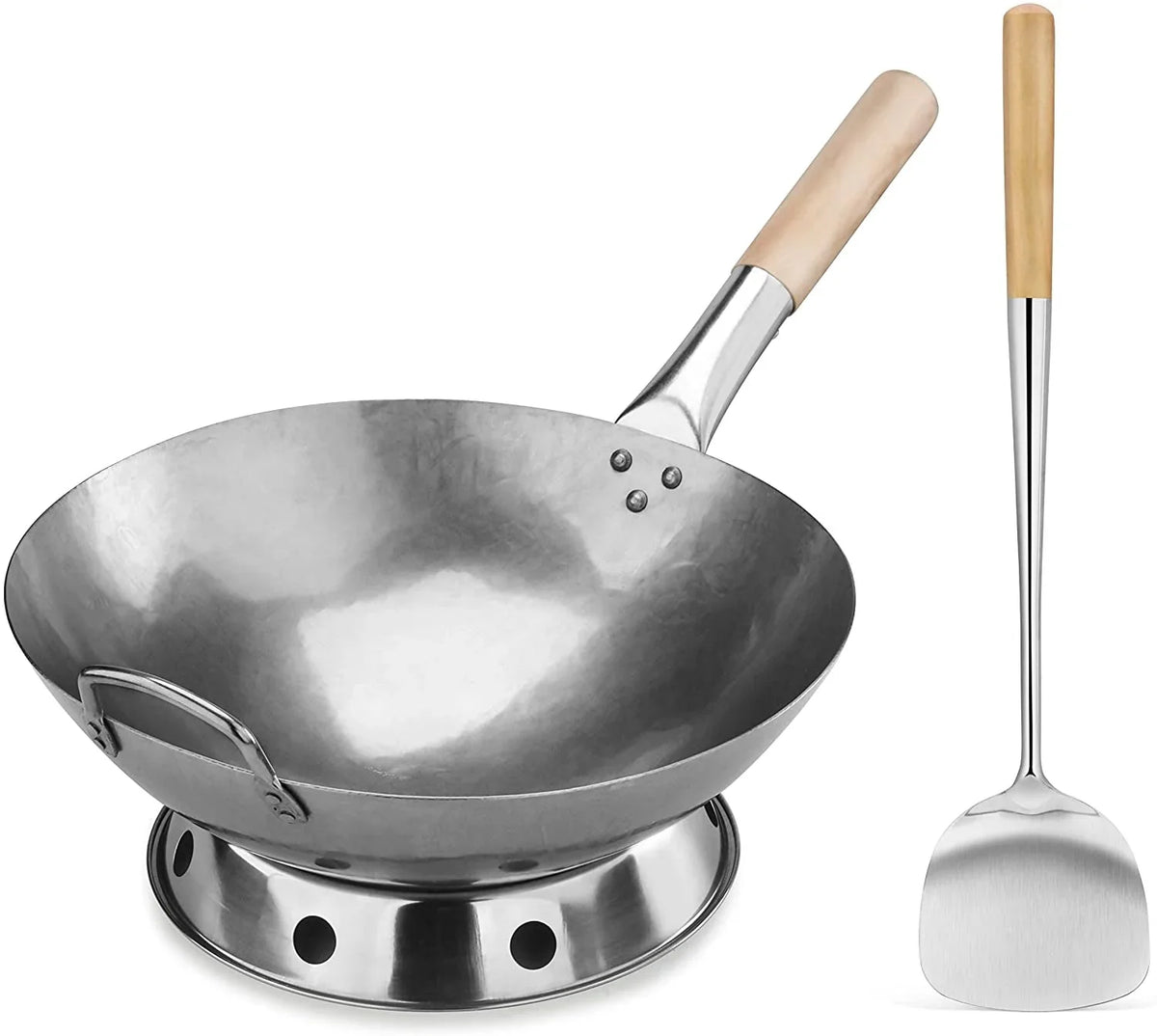 carbon-steel-wok-set-14-round-bottom-hand-hammered-with-wood-and-steel-helper-handle-includes-rack-ring-and-spatula-hand-wash-recommended