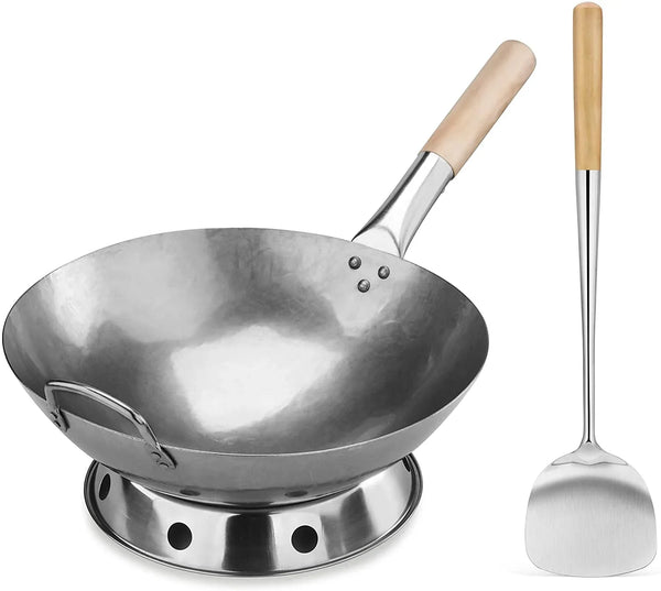 Carbon Steel Wok Set - 14" round Bottom, Hand Hammered with Wood and Steel Helper Handle, Includes Rack/Ring and Spatula (Hand Wash Recommended)1