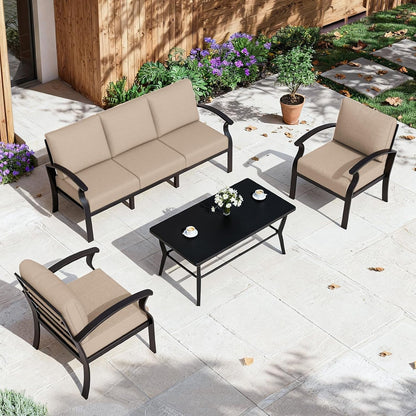Aluminum Patio Furniture Set with Coffee Table Rectangular，5-Seat Outdoor Sectional Furniture W/5.1" Cushions，Patio Conversation Set for Porch, Backyard, Poolside-Sand1