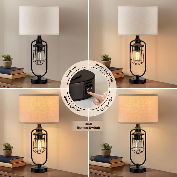 24" Farmhouse Table Lamps for Living Room Set of 2, Black Rustic Lamps for Night Stands with USB Ports, Industrial Bedside Lamp for Bedroom End Tables, Bulbs Included2