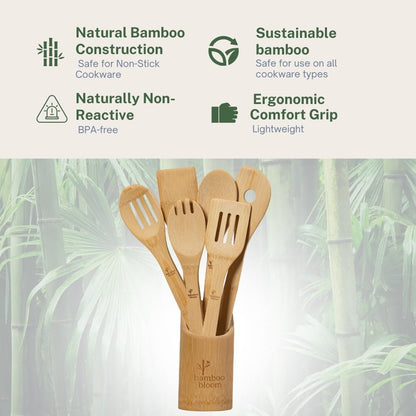 6 Piece Kitchen Utensils Set - Bamboo Cooking Utensils with Comfort Grip, Including Utensil Holder, Bamboo Spoons, Shovels & Spatulas | Wooden Utensil Set for Non-Stick Pans, Kitchen Essentials4