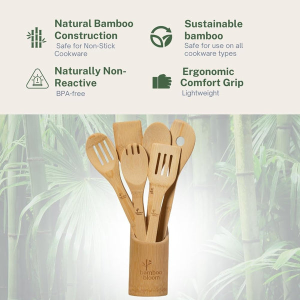 6 Piece Kitchen Utensils Set - Bamboo Cooking Utensils with Comfort Grip, Including Utensil Holder, Bamboo Spoons, Shovels & Spatulas | Wooden Utensil Set for Non-Stick Pans, Kitchen Essentials4