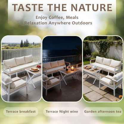 Aluminum Patio Sectional Furniture Set,4 Piece Patio Conversation Sets Outdoor Patio Furniture Set Sofa with Coffee Table & Washable Cushions White7