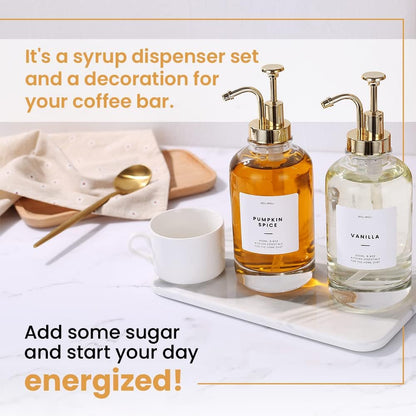 Syrup Dispenser for Coffee Bars, Glass Syrup Bottle W. Pump, 16.9 Oz 500 Ml, Set of 2, Gold Upgraded Dispenser6