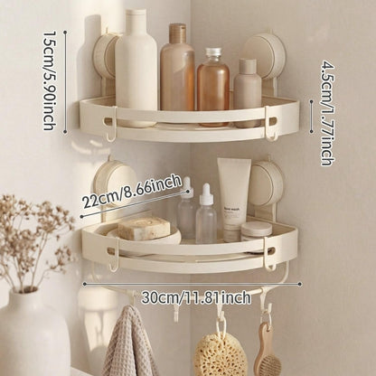 Suction Cup Shower Caddy(2-Pack Cream White),Single 1.77 Inches High No-Drilling Aluminum Bathroom Organizer with Towel Bar & Hooks,Moder Wall Shower Shelf and Storage Decor5