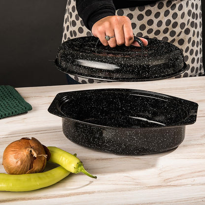 13" Oval Roaster with Lid – Enameled Steel, Oven Safe to 932°F – Ideal for Roasting, Baking & Sourdough Bread – Self-Basting Cover, Dishwasher Safe, 7 Lb Capacity | Oval Roaster Capacity, Roasts up to 7 Lb Poultry or Meat, Covered Cooking for Larger Meals, Speckled Black Steel Construction2