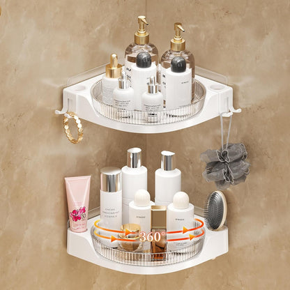 Corner Shower 2 Tier Caddy Lazy Susan Organizer 360 Rotating Corner Shelf Wall Mounted with No Drilling Shelves for Bathroom Dorm and Kitchen (White)1