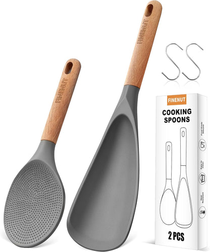 Cooking Spoon Multifunction Spoonula Silicone Spatula Spoon 2-Pack, Dual-Use Heat Resistant 446°F, Bpa-Free Non-Toxic Wooden Handle Rice Spoon Set for Non-Stick Cookware & Rice Cookers1