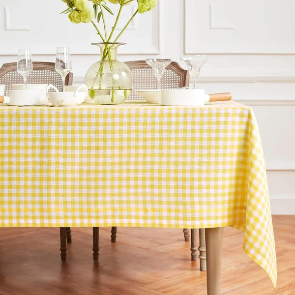 100% Pure Linen Tablecloth Yellow, Gingham Check 60 X 144 In3