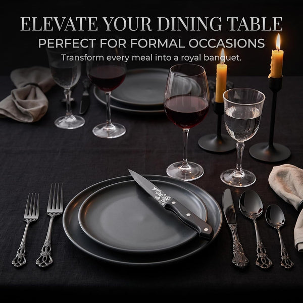 Black Silverware Set for 8,  48 PCS Retro Royal Silverware Flatware Set with Black Spoons Forks Knives Set, Mirror Polished Stainless Steel Vintage Utensils Set, Dishwasher Safe6