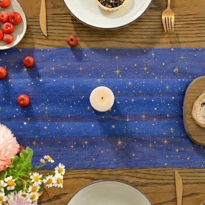 Gold Stars Dark Blue Gauze Table Runner 120 Inch 10FT, Reversible Glitter Sheer Dining Wedding Holiday Birthday Table Decor for Home Party5