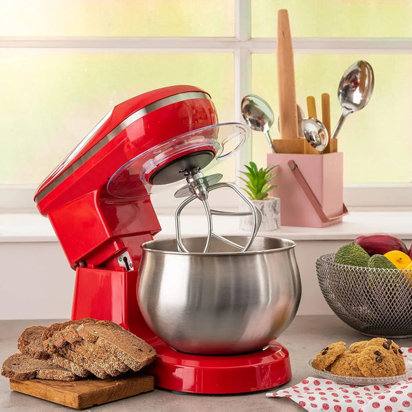 Stand Mixer, 6 Speed Electric Mixer with 5.5 Quart Stainless Steel Mixing Bowl, Red Body Kitchen Mixer with Dough Hook, Whisk, Beater & Baking Spatula, Classic Food Mixer5