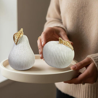 Apple and Pear Decor Set, Modern Fruit Sculpture Home Decor, White and Gold Decorative Ornaments for Living Room Bedroom Desk Shelf Coffee Table, Aesthetic Room Decor Unique Gift2