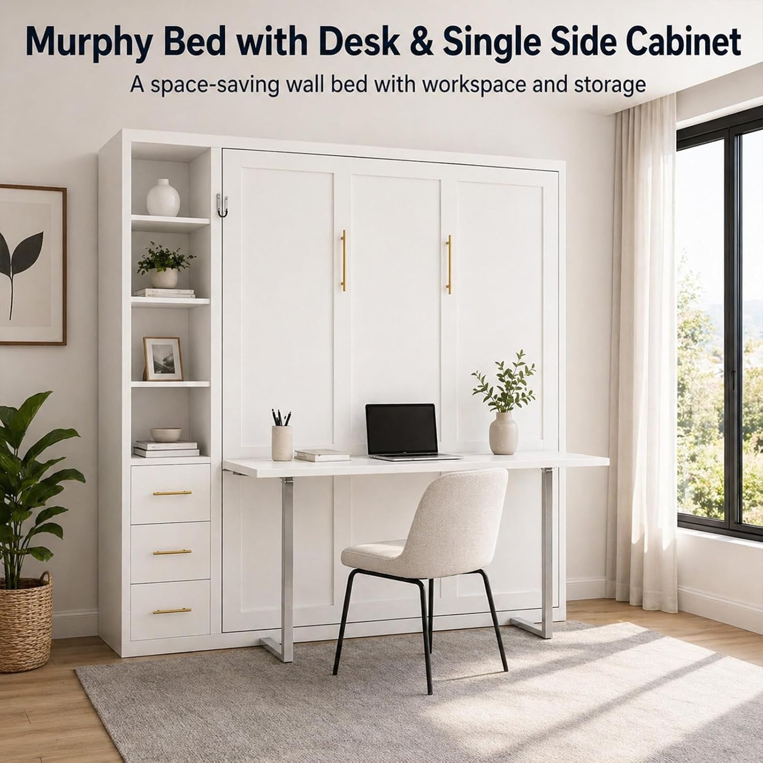 queen-size-murphy-bed-with-desk-and-single-side-cabinet-white-wall-bed-with-bookcase-shelves-3-drawers-automatic-legs-hydraulic-assist-space-saving-bed-for-bedroom-guest-room-home-office