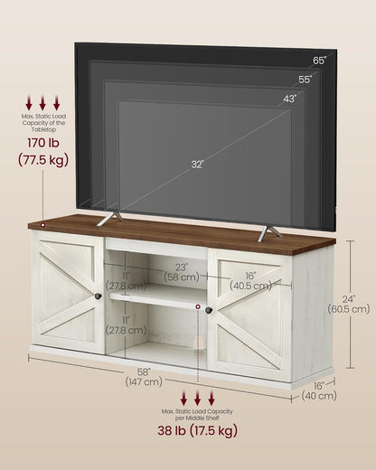VASAGLE Farmhouse TV Stand for Tvs up to 65 Inches, Entertainment Center with Storage Cabinets and Sliding Barn Doors, Media Console Table for Living Room, Rustic White and Honey Brown ULTV535W016