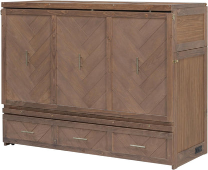 Queen Size Murphy Bed with Charging Station and Storage, Farmhouse Murphy Bed with Foldable Panel for Guest Bedroom, Living Room, Office, Light Walnut7