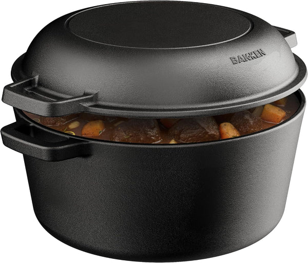 Bakken 2-In-1 Cast Iron Dutch Oven Pot with Skillet Lid, 5QT Pre-Seasoned Dutch Oven for Bread Baking, Roasting & Campfire Cooking, Heavy-Duty Indoor & Outdoor Use with Easy-Grip Dual Handles1