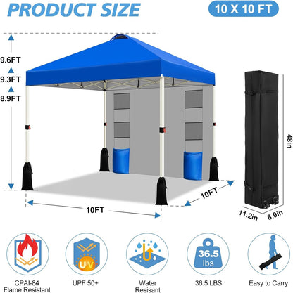 10X10 Pop up Canopy Tent, 1-Button Push Setup Canopy Tent with 1 Sidewall, Adjustable Height Instant Portable Shelter,Portable Roller Bag, Easy Outdoor Sun Shade for Events,4 Weight Bags,Blue4