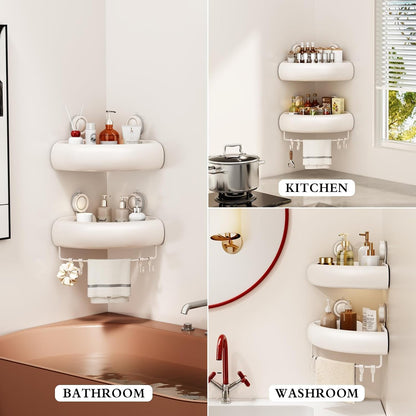 Shower Caddy Suction Cup, 2 Pack No Drilling Corner Shower Shelves, Rust Proof Bathroom Storage Organizer, Shower Corner Caddy with Removable Hooks and Towel Bar, Triangle, Cream7