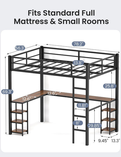 Full Size Loft Bed with Desk, Shelves and Clothes Rack,Black2