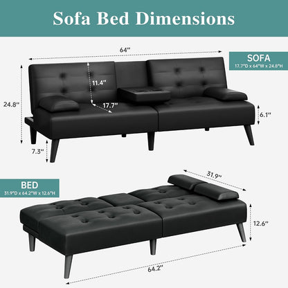 64" Futon Sofa Bed, Small Loveseat with 2 Cup Holders, PU Leather, Black2