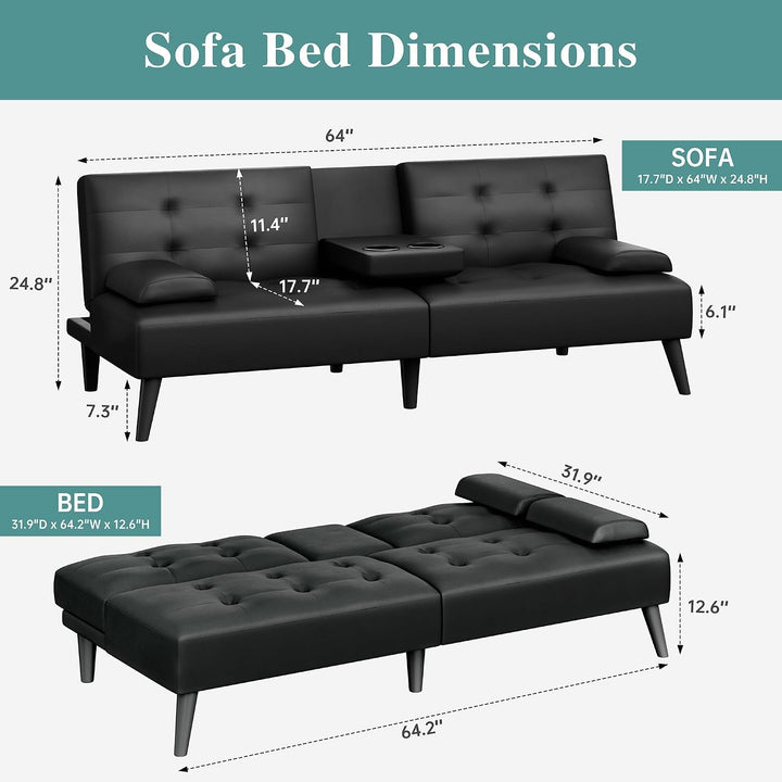 64" Futon Sofa Bed, Small Loveseat with 2 Cup Holders, PU Leather, Black+2