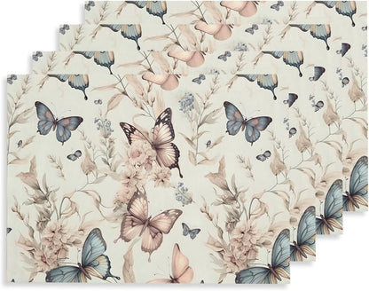 12"X18" Fairy White Beige Butterfly Flowers Placemats Set of 4 Washable Thick Place Mats Kitchen Table Mats Decorative Linen Fabric Table Mat for Dining Table Kitchen Home Decor1