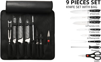 9-Piece Portable German Steel Knife Set with Roll Bag | Hollow Ergonomic Handles for Outdoor Camping & Travel. Includes Guards, Fork, Sharpener, Shears & Shoulder Strap Case2