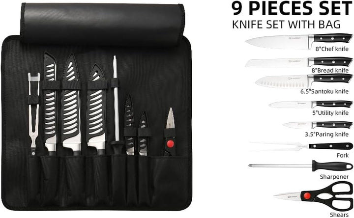 9-Piece Portable German Steel Knife Set with Roll Bag | Hollow Ergonomic Handles for Outdoor Camping & Travel. Includes Guards, Fork, Sharpener, Shears & Shoulder Strap Case+2