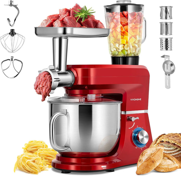 6-In-1 Stand Mixer, 8.5-Quart Tilt-Head Mixer, 10 Speeds, Red | Meat Grinder & Glass Blender Jar, Pasta Maker & Slicer, Stainless Steel Bowl, Dough Hook, Beater, Whisk, Splash Guard1