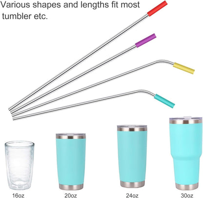 20 Pack Reusable Stainless Steel Metal Straws,10.5" & 8.5" Reusable Drinking Straws with 20 Silicone Tips 5 Straw Brushes 1 Travel Case,Eco Friendly Extra Long Metal Straw Fit for 20 24 30 Oz Tumbler6