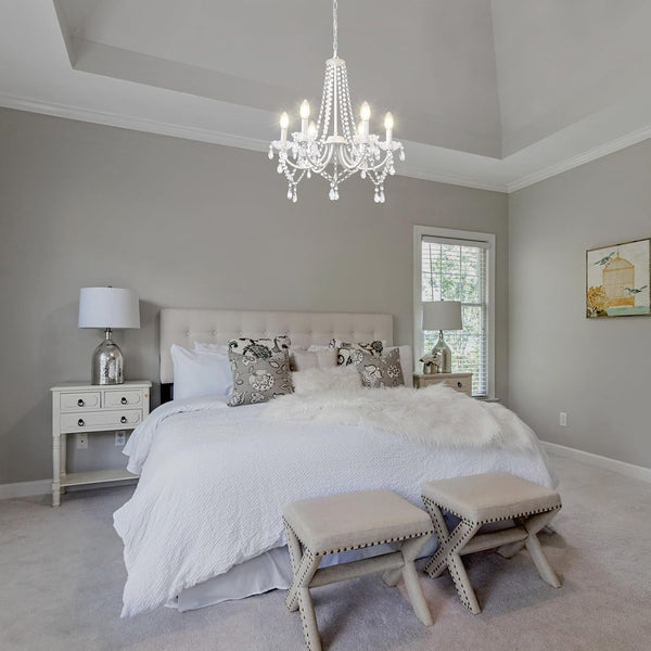 White Crystal Chandeliers for Bedroom, 6 Lights White Chandelier Light Fixture Girls Chandeliers for Dining Room Elegant Modern Contemporary Candle Ceiling Light for Living Room Entryway Foyer4