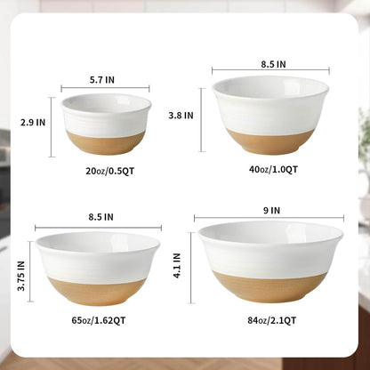 Ceramic Serving Bowls Set of 4, 2.1/1.5/1.0/0.5 Qt White & Terracotta Stoneware Mixing Bowls, Farmhouse Bowls for Cooking, Prepping, Salad & Soup, Dishwasher & Microwave Safe, Serving Dishes3