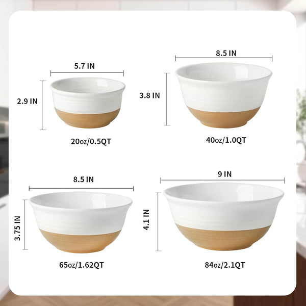 Ceramic Serving Bowls Set of 4, 2.1/1.5/1.0/0.5 Qt White & Terracotta Stoneware Mixing Bowls, Farmhouse Bowls for Cooking, Prepping, Salad & Soup, Dishwasher & Microwave Safe, Serving Dishes3