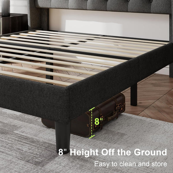 Queen Size Bed Frame with Diamond Tufted Wingback Headboard, Morden Upholstered Platform Bed, Sturdy Wooden Slats Support, Noise-Free, No Box Spring Needed, Easy Assembly, Dark Gray5