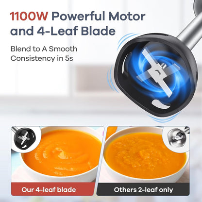 Immersion Blender Handheld, 6 in 1 Corded Hand Blenders Immersion | Stainless Steel Blade, 15 Speed Stick Blenders Electric, 800Ml Mixing Beaker, 600Ml Chopper, Whisk, Frother, Potato Masher7